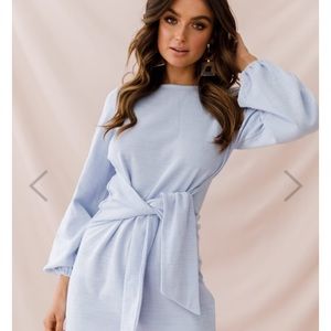 Rapt Waist Tie Bishop Sleeve Dress Steel Blue